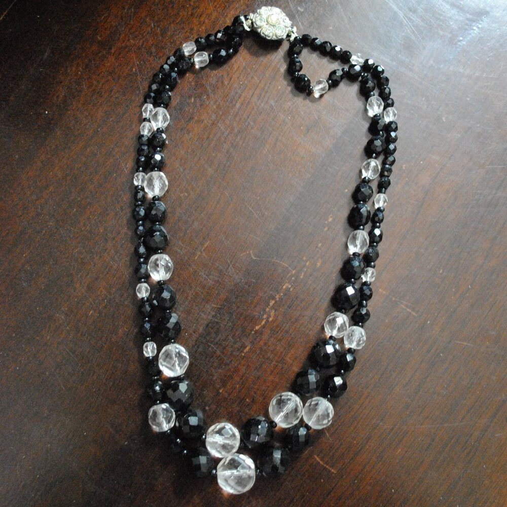 Vintage Art Deco Faceted Black & White Glass Two-strand Necklace